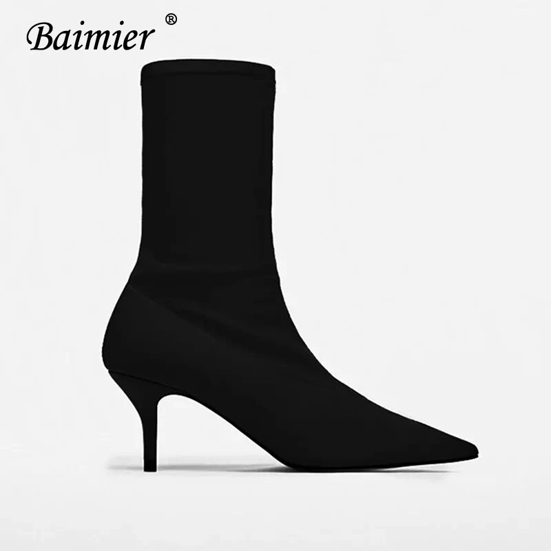 Черные женские ботинки носки Baimier из эластичной ткани ботильоны с острым носком