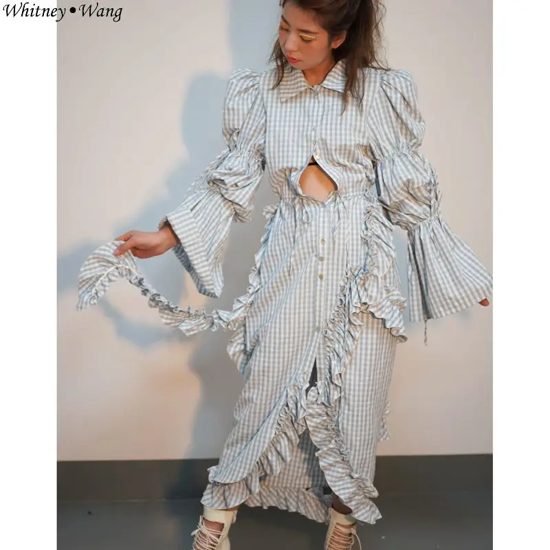 

WHITNEY WANG 2019 Spring Autumn Fashion Streetwear Designer Style Flare Sleeve Ruffles Asymmetrical Plaid Dress Women