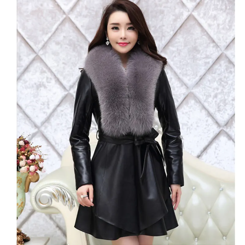 Длинное пальто из искусственного меха, Женская куртка, осенняя Новая мода размера плюс, меховой воротник, пояс, теплая кожаная куртка, зимнее пальто для женщин 3XL4XL