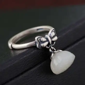 

FNJ 925 Silver Lotus Ring Natural White Jade Stone Original Pure S925 Sterling Silver Rings for Women Jewelry Adjustable Size