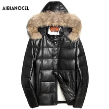 Зимняя куртка-пуховик из натуральной кожи с капюшоном, мужская кожаная куртка из овечьей кожи, пальто с воротником из меха енота, теплое мужское кожаное пальто с мехом