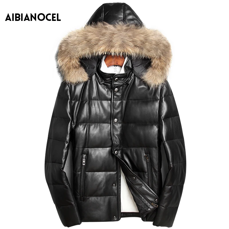 

Winter Real Leather Down Jacket Hooded Male Leather Jacket Sheep Leather Raccoon Fur Collar Coat Warm Men's Leather Fur Coat