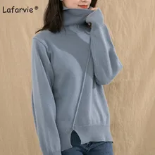 Lafarvie Turtleneck Thick Knitted Cashmere Sweater Women Split Pullover Female Autumn Winter Casual Warm Loose Knitting Jumper