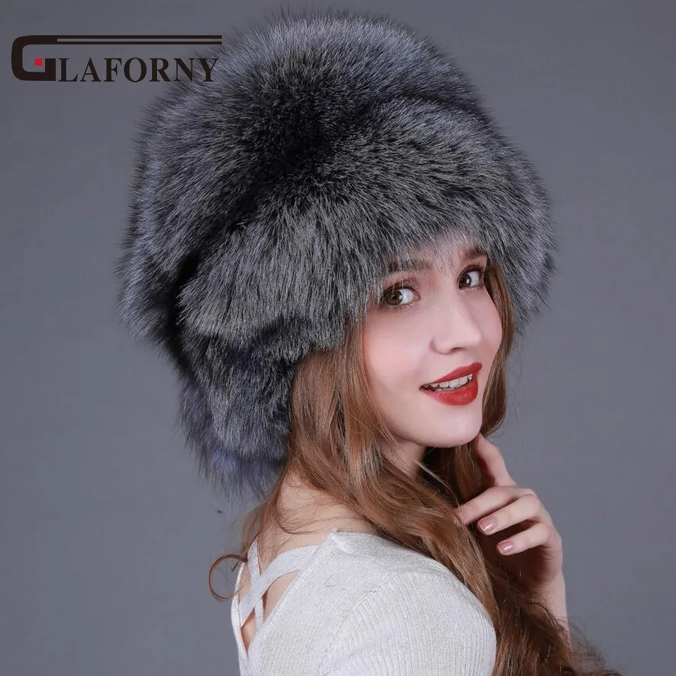 Glaforny 2018 модные шапки из меха серебристой лисы женские зимние лисьего