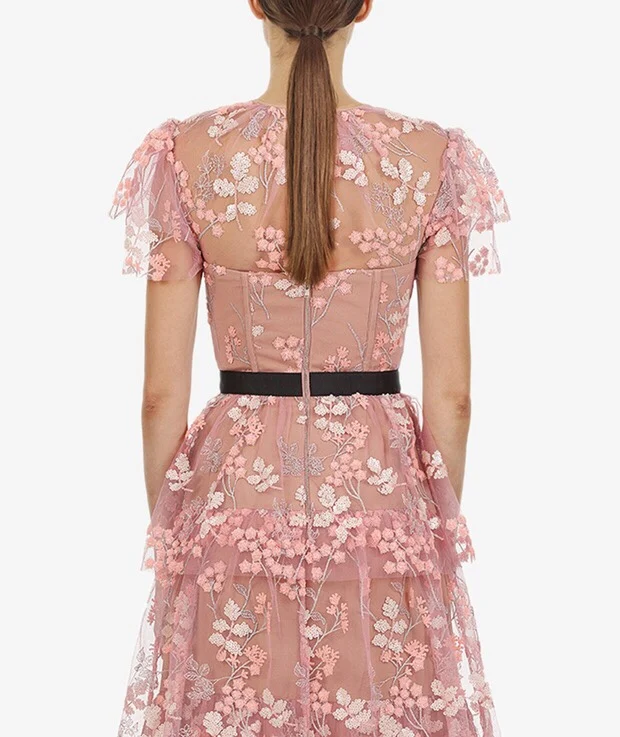 Женское сетчатое платье SMTHMA, женское розовое кружевное платье-миди с коротким рукавом, лето
