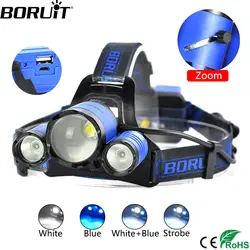 BORUiT XM-L2 светодио дный налобный фонарь xсветодио дный PE синий светодиодный рыболовный фонарик 4-Mode Zoomable фара power Bank Головной фонарь с функцией