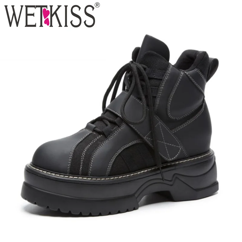 

WETKISS Autumn Women Ankle Boots Zip Round Toe Cross Tied Footwear Platform Ladies Boot Casual Motorcycle Shoes Woman 2018 New