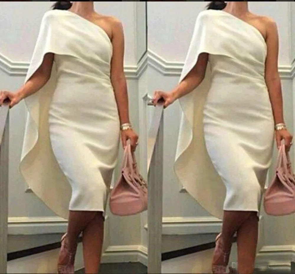 

One Shoulder Sheath Cocktail Dresses With Cape Tea Length Party Dress Arabic Plus Size Formal Prom Gowns Cheap Robe de soiree