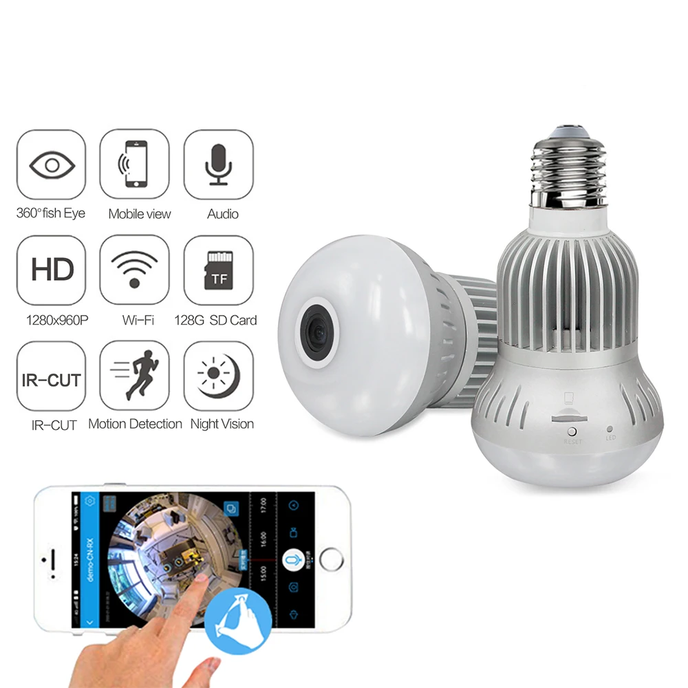 360 градусов рыбий глаз беспроводная WiFi панорамная лампа 1280x960P 1.3MP CCTV камера