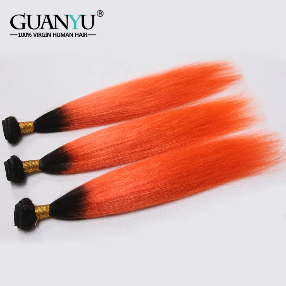 Guanyuhair 1B/оранжевый Омбре бразильские пучки волос с фронтальным закрытием уха к уху прямые оранжевые человеческие волосы плетение 3 пучка