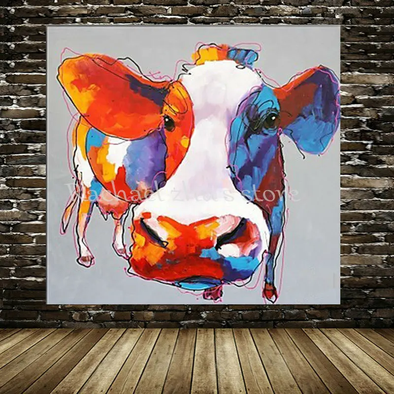 Peinture A L Huile Sur Toile En Forme D Animal Peinture A La Main Art Abstrait Moderne Dessin Anime De Vache Decoration Murale Salon Maison 100 Aliexpress