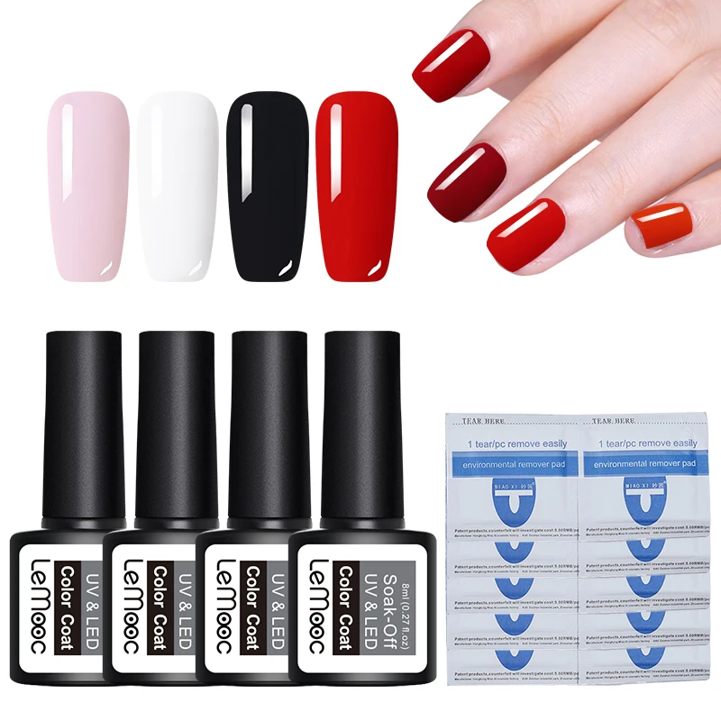 

Lemooc 4 bottles 8ml Candy Nail Colors Led UV Nail Gel Polish Set Nail Art Varnish with 10Pcs Gel Polish Remover Pads Wet Paper