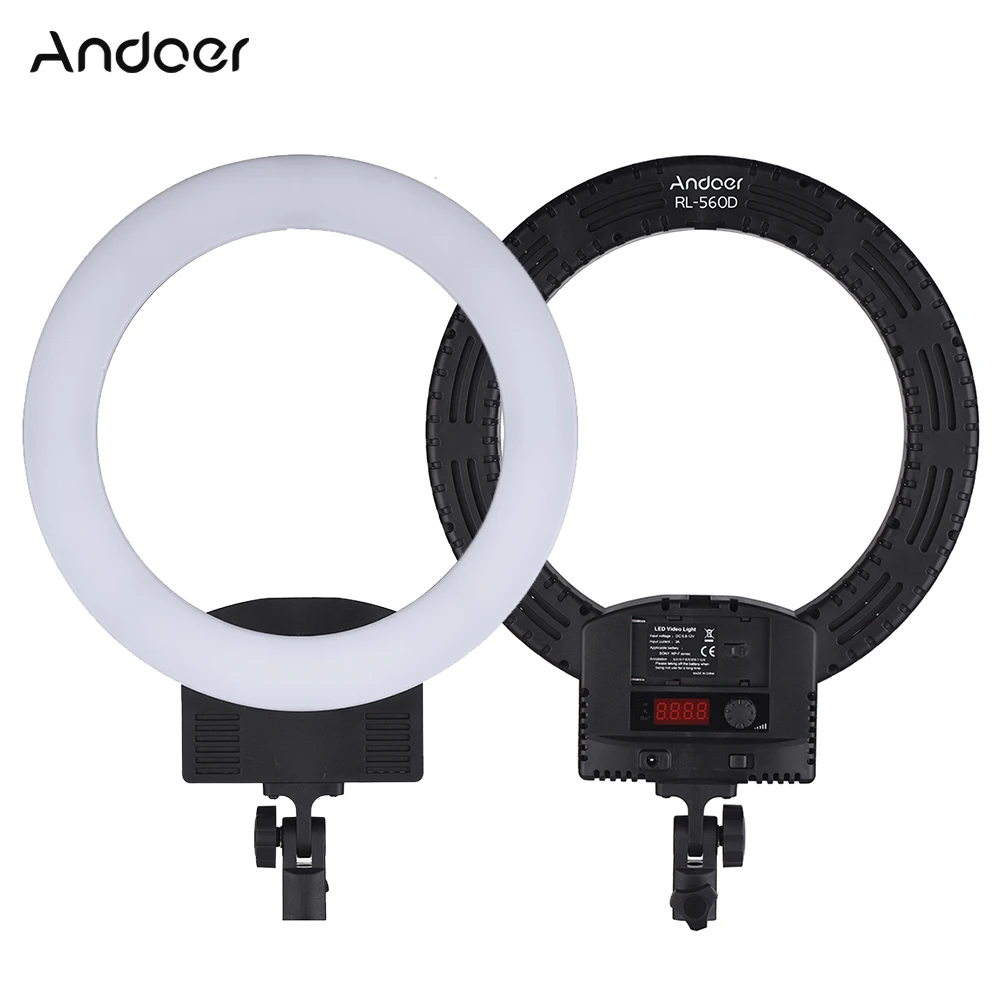 

Andoer RL-560D LED Ring Light Bi-color 3200K-5600K Dimmable for DSLR Camera Smartphone Photo Self-portrait Video Shooting