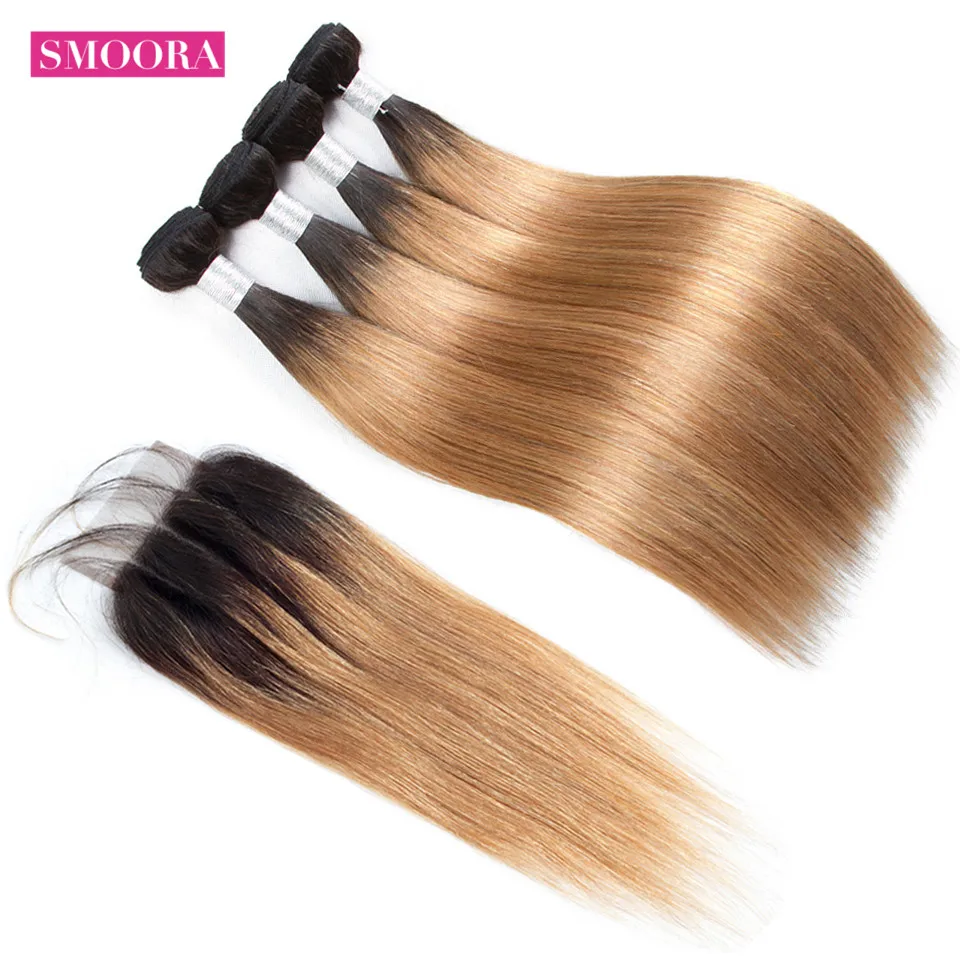 

Smoora Hair Ombre Brazilian Straight 4 Bundles With Closure T1B/27 Ombre Human Hair Bundles With Closure Honey Blonde Non Remy