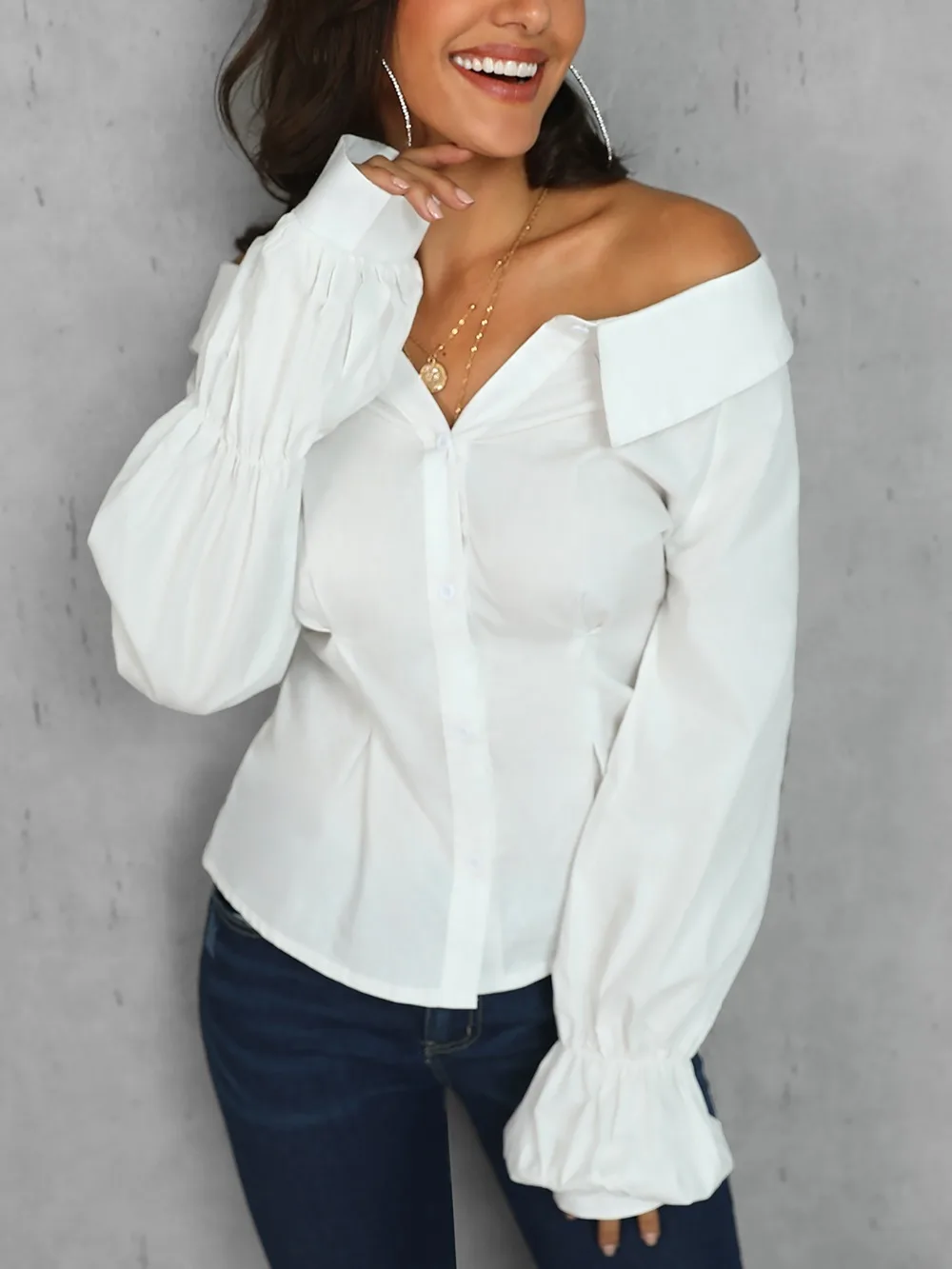 Повседневная рубашка с рукавами-фонариками, блузка с открытыми плечами, женская элегантная Модная белая Базовая офисная блуза с рюшами