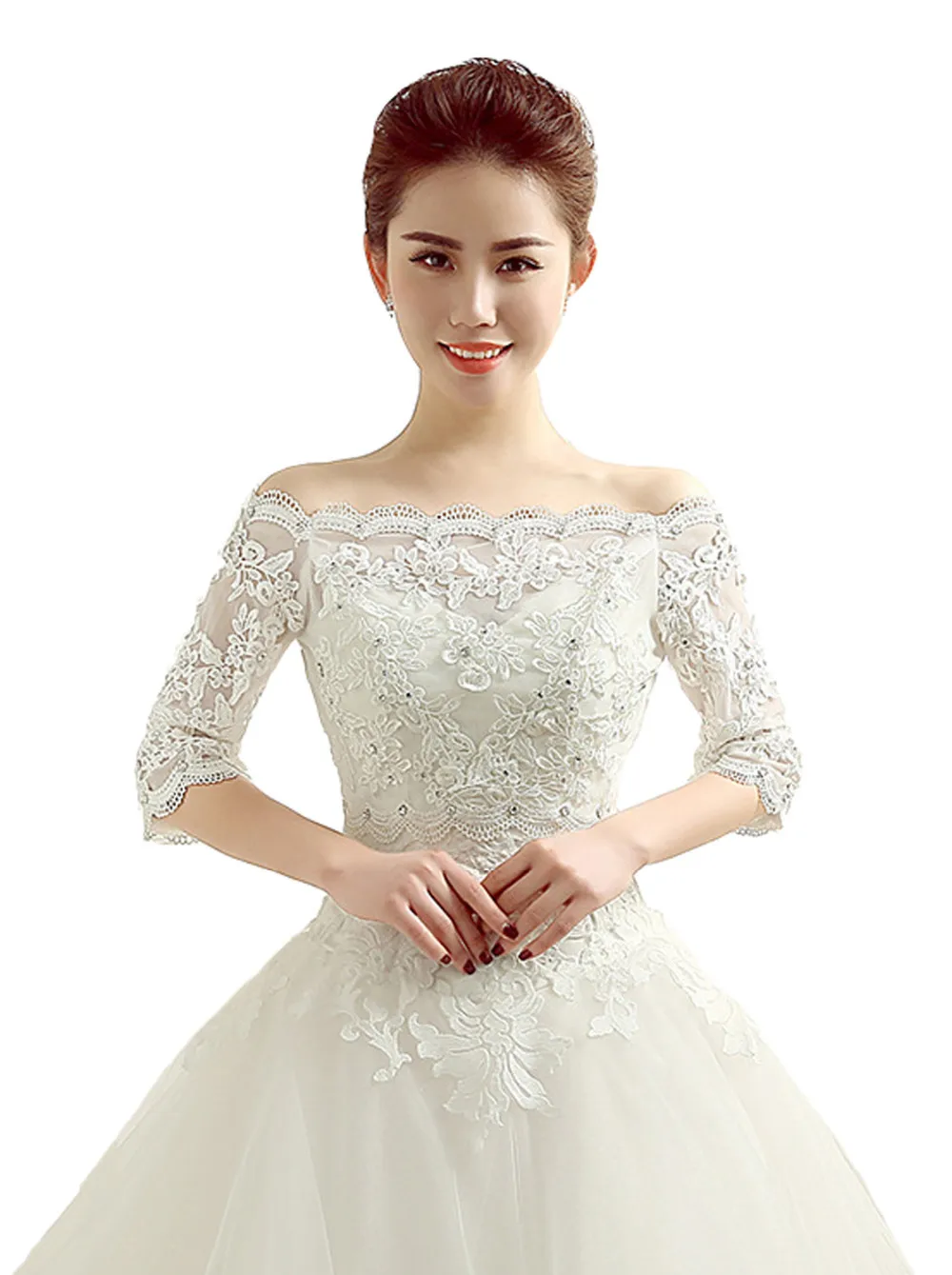 Crocheted Beige Cream Short Wedding Dress Jacket Off The Shoulder