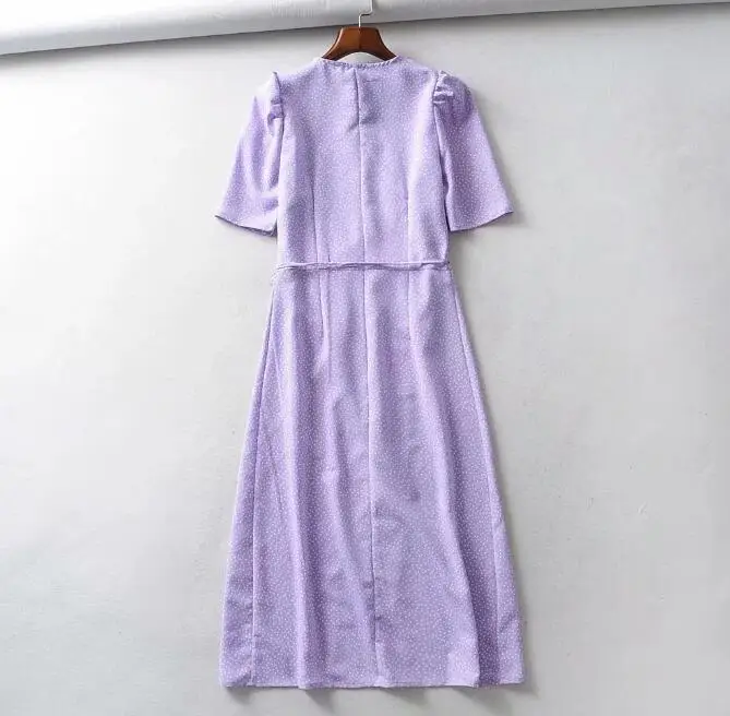 Фиолетовое платье-рубашка в горошек, женское летнее длинное платье со шнуровкой на талии, платье с коротким рукавом и v-образным вырезом, сарафан для отпуска