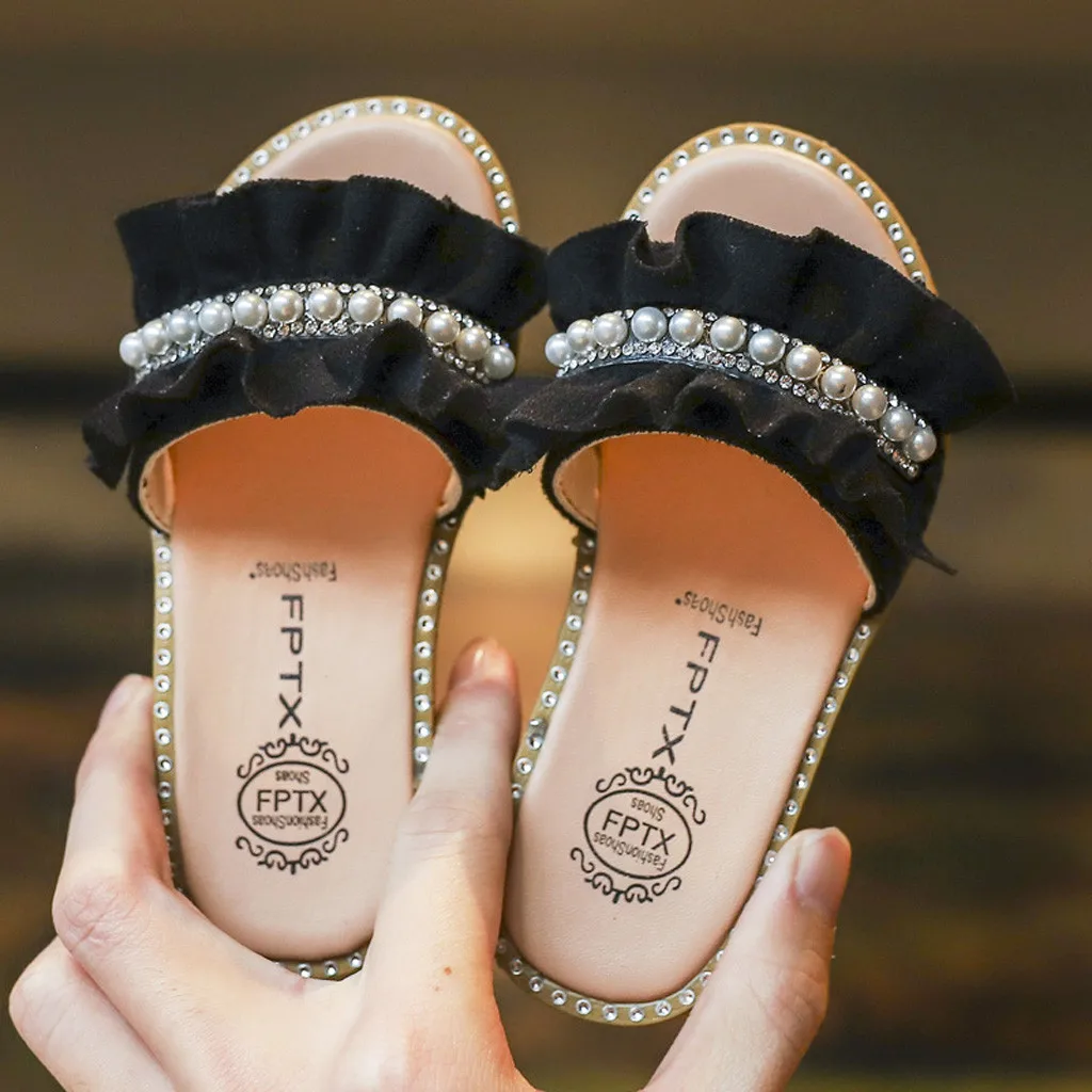 Kids Sandals Toddler Baby Girls Sandals Pearls Crystal Ruffles Princess Shoes Slippers Comfortable Casual Summer Shoes