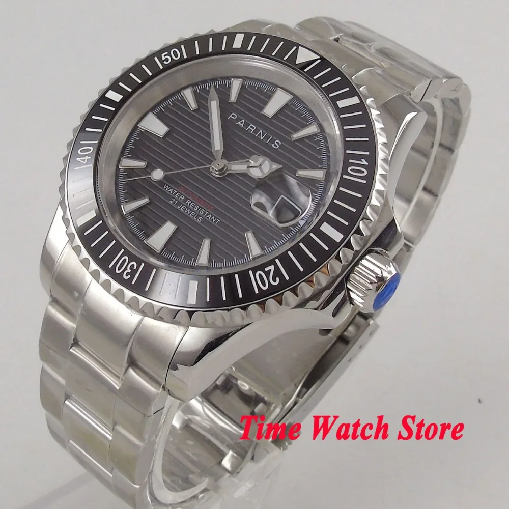 41mm Parnis watch black dial sapphire glass luminous date magnifier