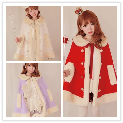 

Princess Elegant Women's Winter Wool Blend Cape Coat Faux Fur Collar & Trim Soft Cute Bow Lolita Outwear Flower Button 3Colors