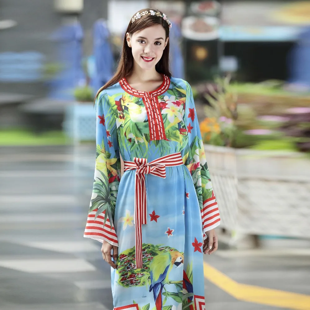 

Europe Style 2018 Latest Spring & Summer New Arrival O-Neck Full Sleeve Beading Sashes Print Ankle-Length Long Dress Women