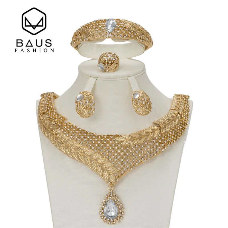 

BAUS Fashion African crystal jewelry assembly Dubai Gold Color Women Wedding Necklace Bangle Earring Ring Party Accessories