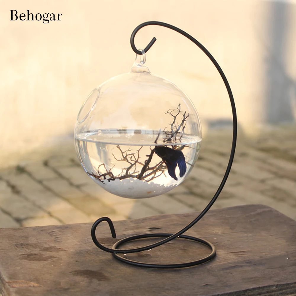 

Behogar Clear Round Shape Hanging Glass Aquarium Fish Bowl Tank Flower Plant Vase Home with 28cm Height Rack Holder Fishbowls