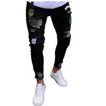 Мужские рваные потертые джинсы с потертостями, рваные узкие джинсы, зауженные джинсы-карандаш, отбеленные брюки, Прямая поставка