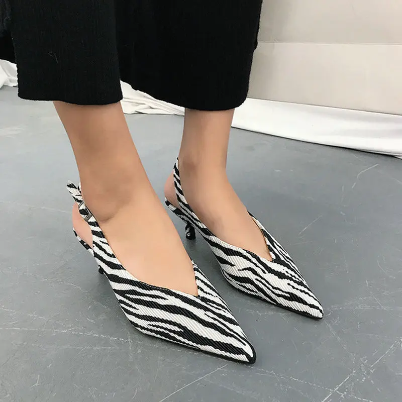 

Spring New Single Shoes Leopard Print Zebra Pattern Back Belt Buckle V Mouth Pointed Toe Color Matching OL Work Women's Shoes