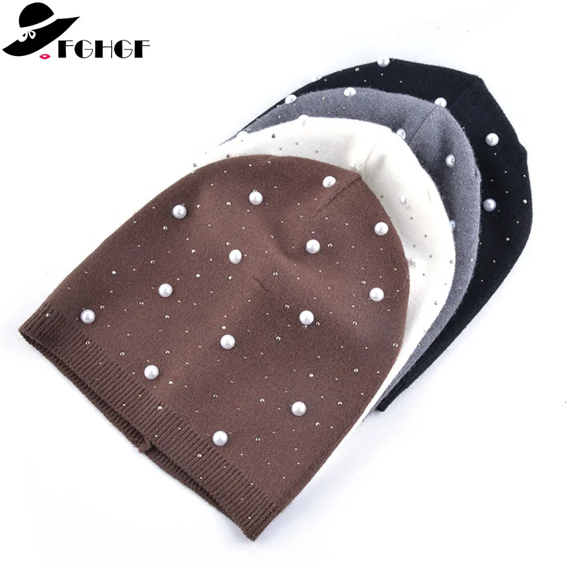 

Classical Winter Women Hat Solid Pearl Wool Cap Elegant Knit Beanies Hat Warm Skullies Fashion Girl Street Cap Gorros Multicolor
