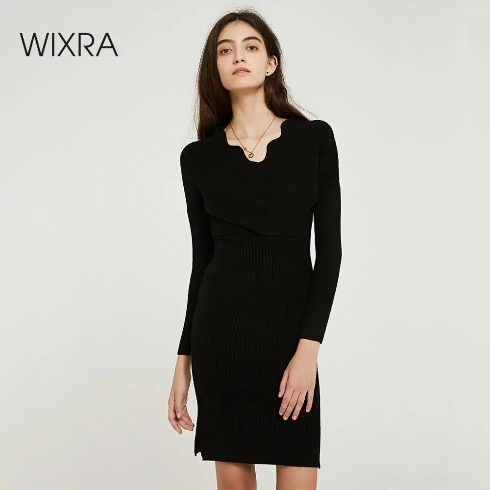 

Wixra Knitted Bodycon Dress 2019 Autumn Winter Solid Empire Knee-Length Sweater Dresses Women's Clothing
