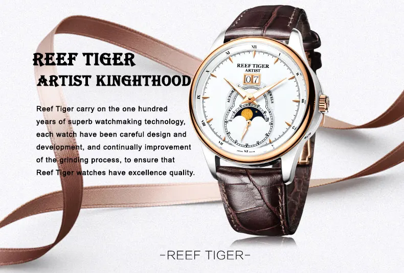 Reef Tiger/RT модные и благородные часы для мужчин механические часы Moon Phase двойное окно Дата Кожаный ремешок Часы RGA1928