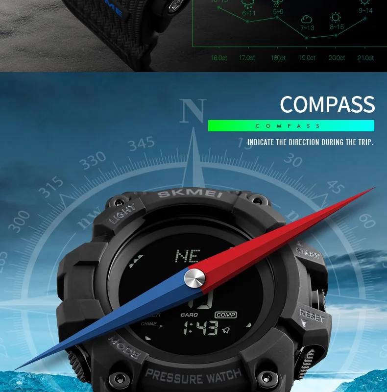 SKMEI Men Digital Watch Compass Thermometer Weather Pressure Altimeter Countdown Sport Watch Fashion Electronic Men's Watch