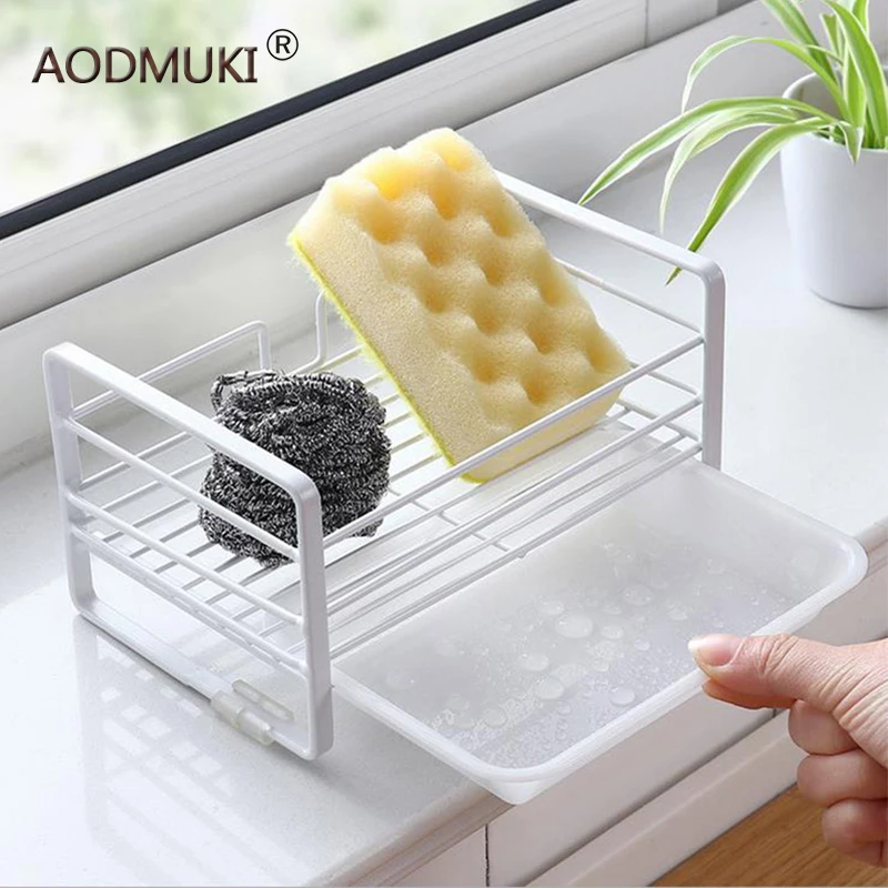 

AODMUKI Kitchen Sink Sponge Holder Drainage Shelf Washer Soap Stainless steel Storage Sponge Rack Kitchen Bathroom Accessories