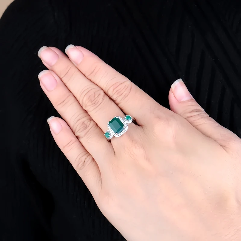 Gem's Ballet 2.28Ct изумрудная огранка натуральный зеленый агат, натуральный камень, винтажные кольца, твердые 925 пробы серебряные ювелирные украшения для женщин