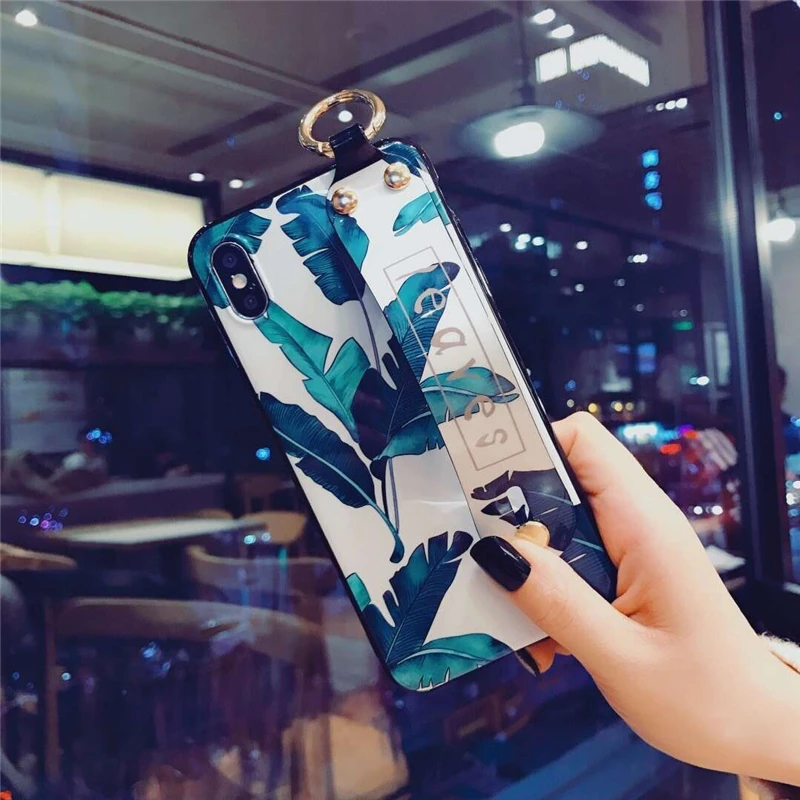 

New fashion 3D hand holder Soft Plastic&TPU Coque Funda For iPhone6 6S 6Plus 7 8 8Plus Fresh Leaf flower print glossy shine Case