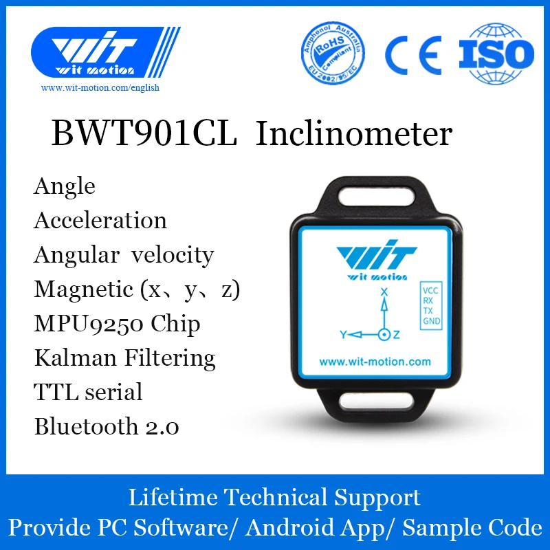 

Bluetooth Inclinometer Digital Compass, BWT901CL AHRS Accelerometer+Gyro+Angle+Magnetometer(XYZ,200HZ,MPU9250)for PC/Android/MCU