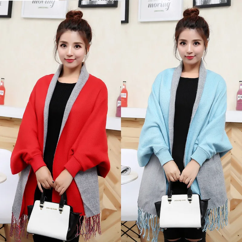 

Autumn women's poncho femme hiver Plaid Loose Tassel Knitted Long ponchos and capes shawls women ponchos y capas mujer Cardigan