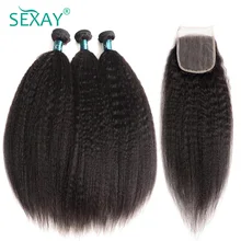 Sexay-Paquete de 3 mechones de cabello humano peruano Yaki grueso, con cierres de encaje, cabello liso Remy precoloreado con 4 Cierres