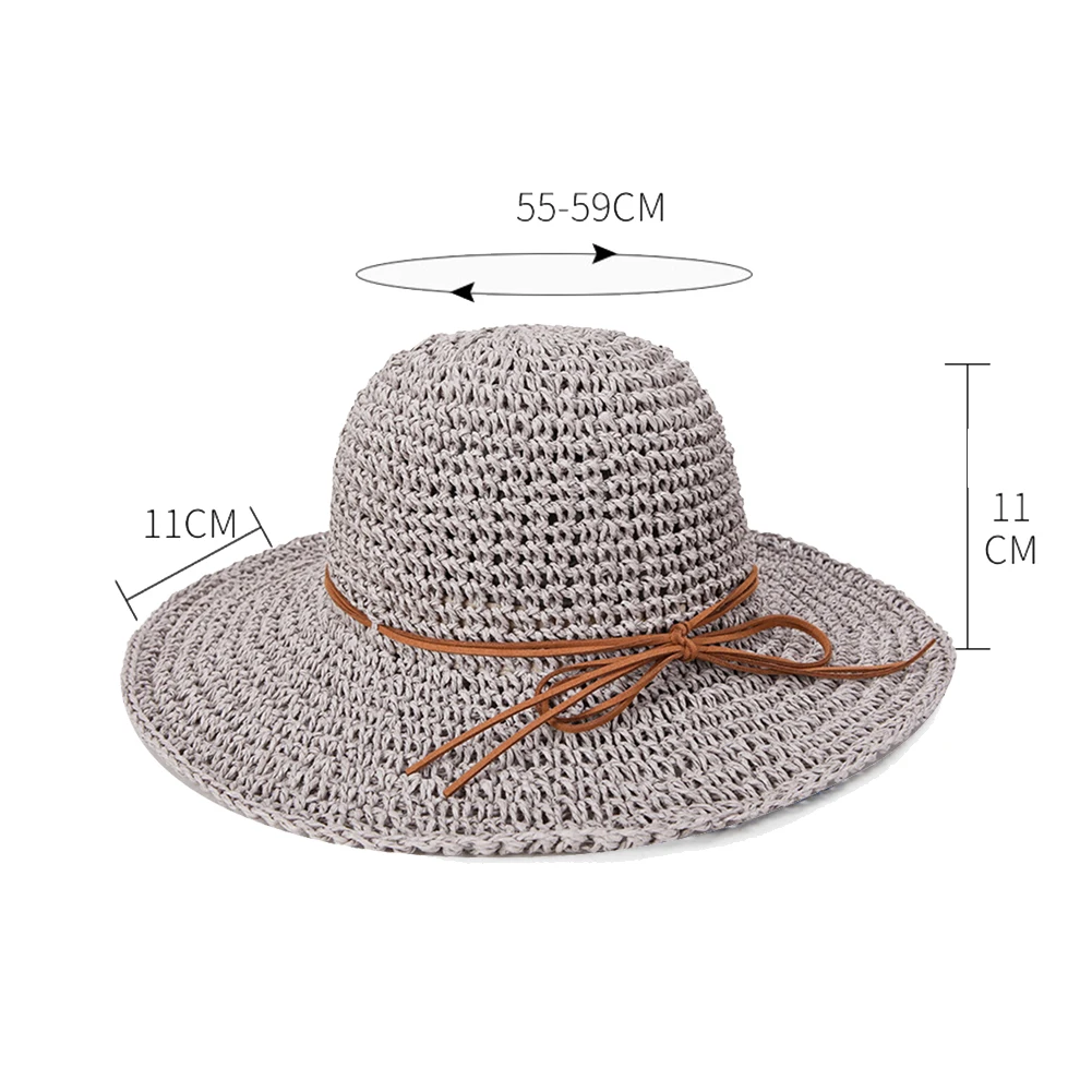 Fashion Summer Round Straw Rattan Sun Hat for Women Summer Beach Outdoor Bow Floppy Hat Folding Wide Brim Dome Sun Cap