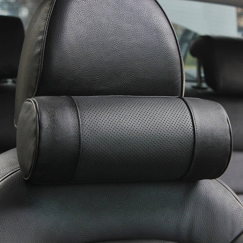 

Genuine Leather Car Seat Headrest Pillows Auto Safety Cylindrical Black Neck Support Cover Cushion Memory Bone Head Protector
