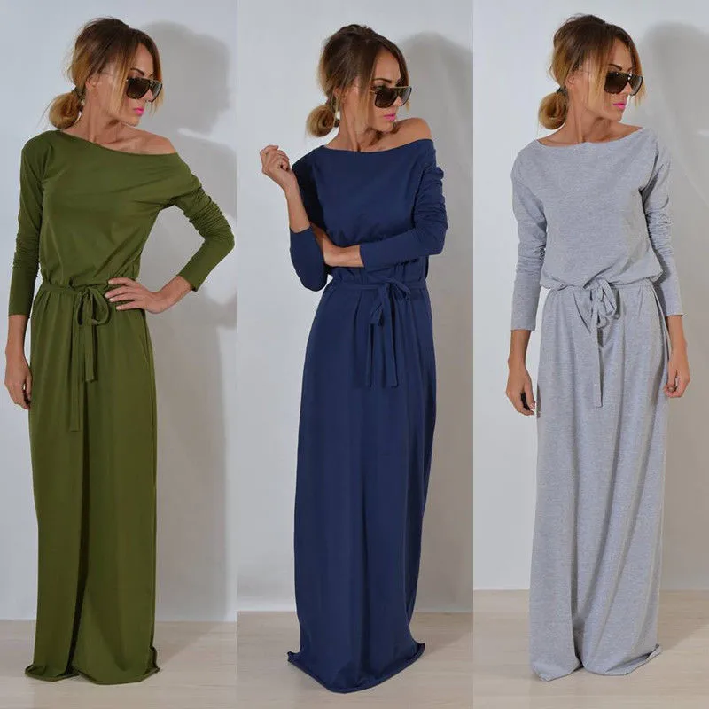 

New Fashion Women Casual Dress Long Sleeve Summer Long Dress Womens Belted Ladies Beach Holiday Dress