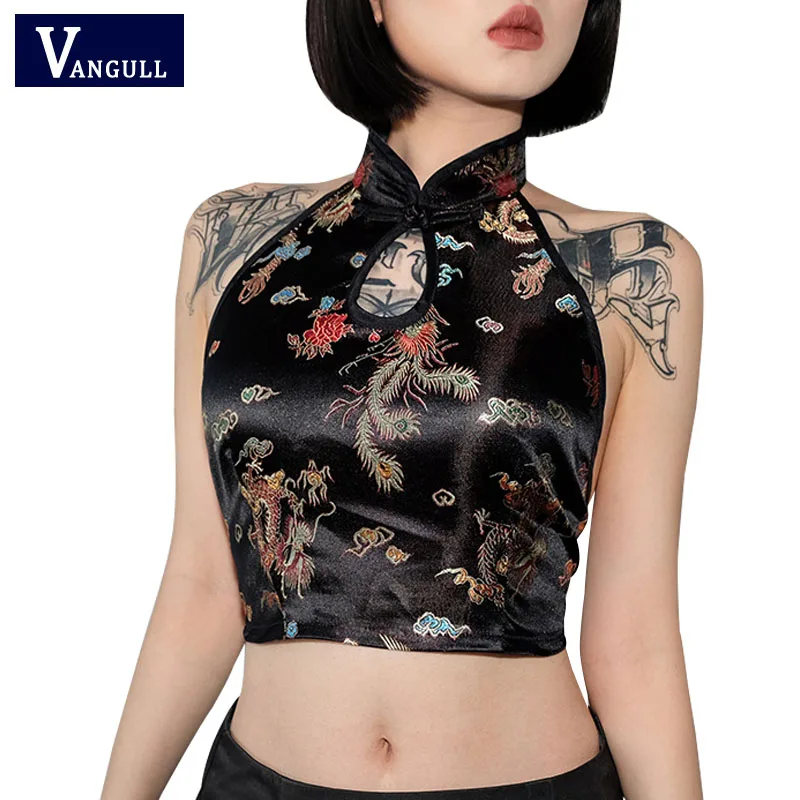 

Vangull Chinese Style Halter Tops Women Embroidery Dragon Phoenix Sexy Crop Camis 2019 New Summer Tie Up Backless Bustier Shirt