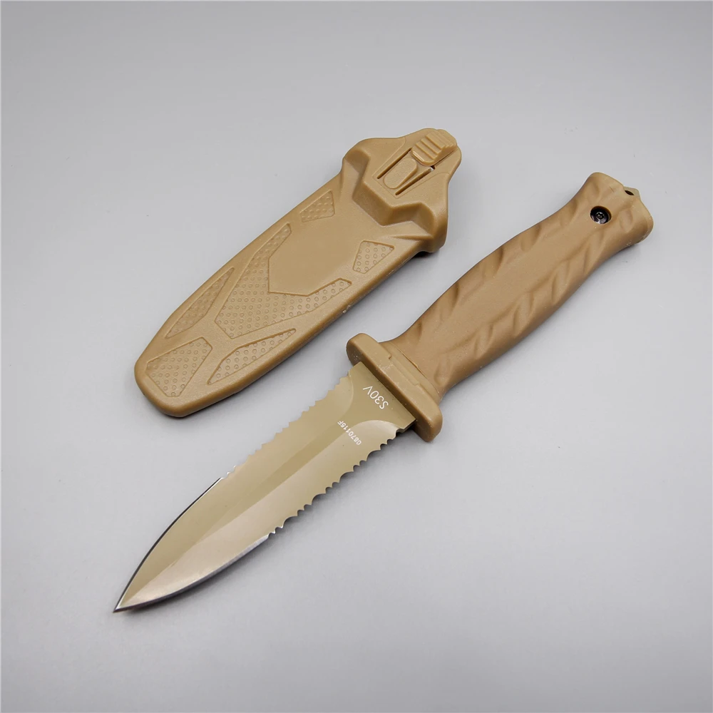 

Desert color mini hunting army portable diving knife camping tactical knives fixed 440c blade serrated knife with rubber sheath