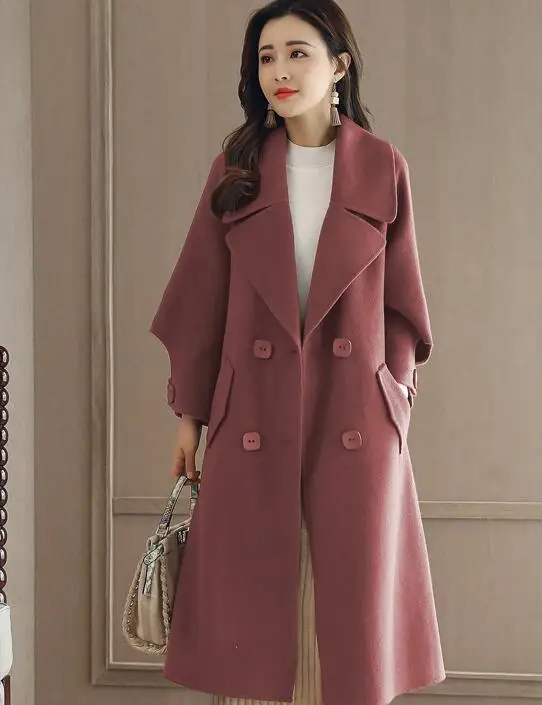 Зимнее кашемировое пальто, женская шерстяная куртка, пальто для женщин, модное Свободное пальто с поясом и длинными рукавами, белое высококачественное Женское пальто - Цвет: Red bean paste