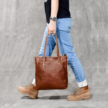 

Unisex Vintage Genuine Leather Men Handbags Tote Bag Female Leather Shoulder Bags Large Capacity Shopping Bags Soft