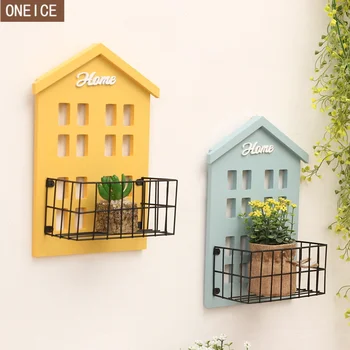 

European decorative storage rack metal wrought iron wood debris storage rack home wall hanging flower rack kitchen storage