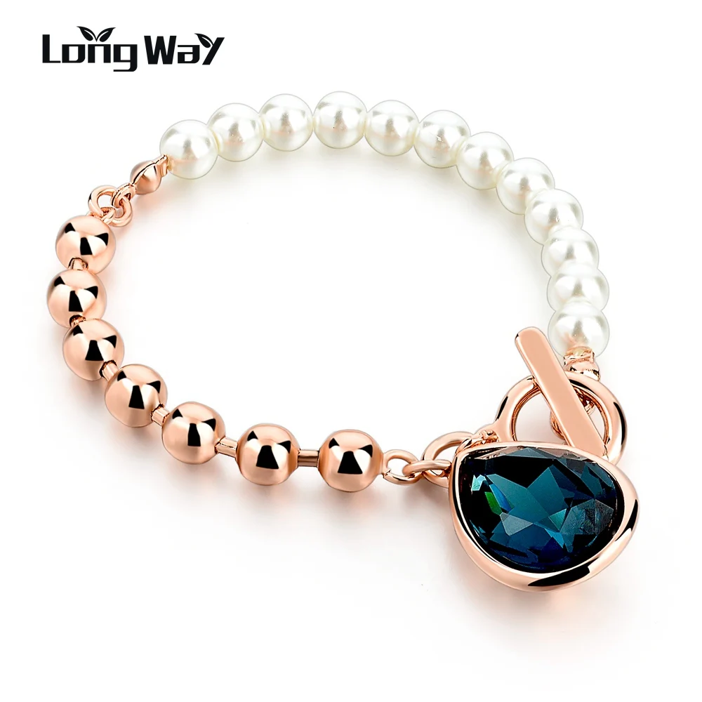 

LongWay Elegant Imitated Gemstone Blue Crystal Bracelet Imitation Pearl Rose Gold Color Bracelets Wedding Jewelry SBR160114