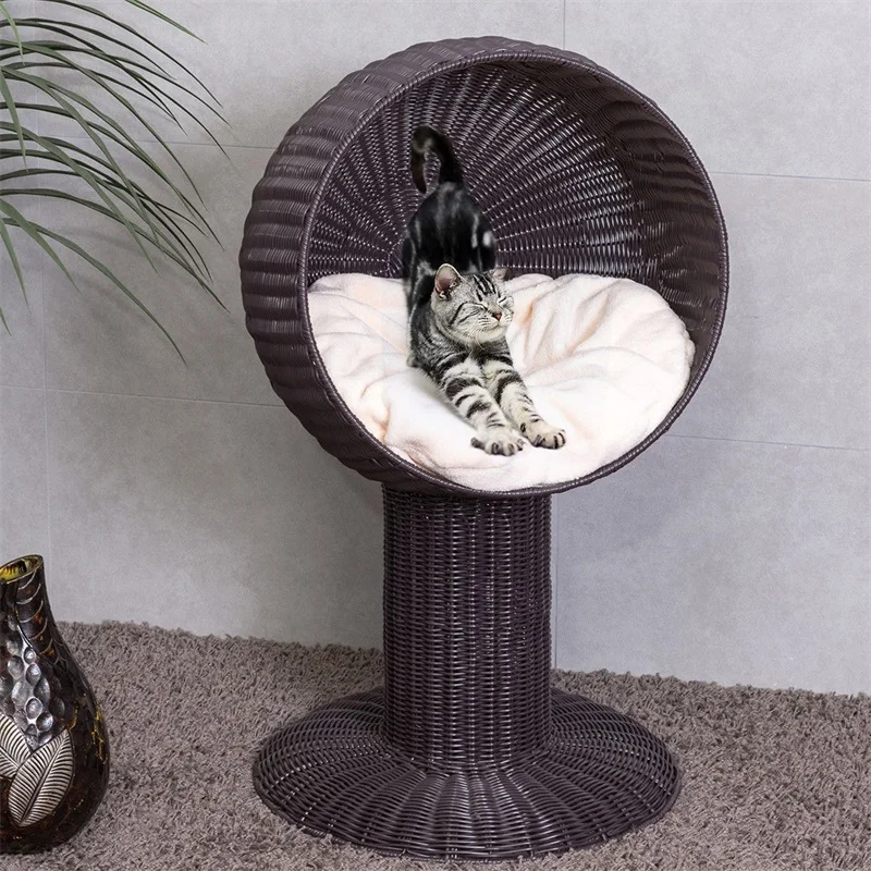 

17" Ball Hooded Rattan Adult Cat Bed House with Cushion PE Wicker Pet Beds PS6890