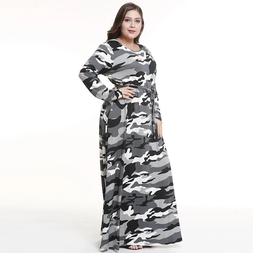 Long Sleeve Autumn Winter Military Camouflage Dresses Women Fashion Armygreen Gray Long Maxi Dress Casual Party Plus Size